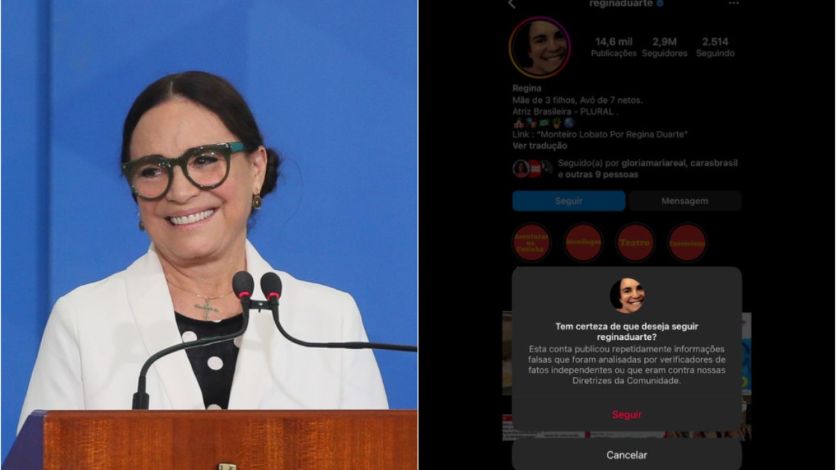 Instagram adverte sobre fake news quando usuário tenta seguir Regina Duarte