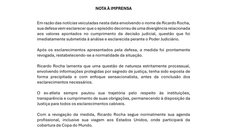 A defesa de Ricardo Rocha se pronunciou