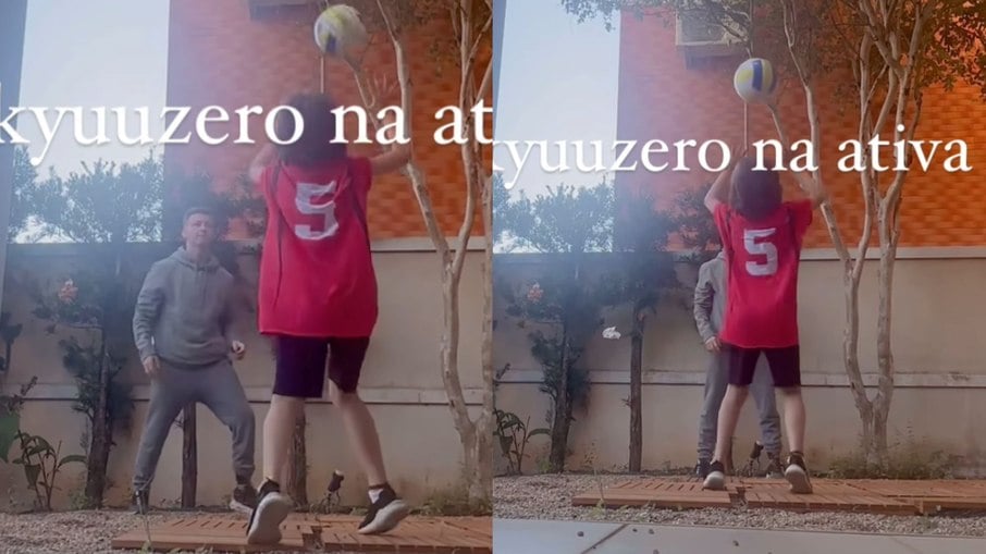 Lucas Lima surge jogando vôlei com o filho Theo