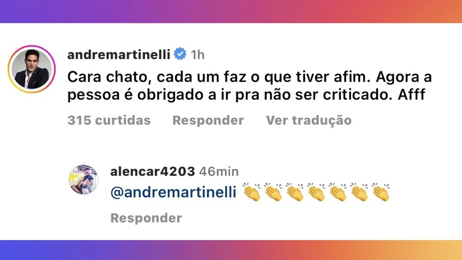 Print do comentário de André Martinelli sobre Felipeh Campos