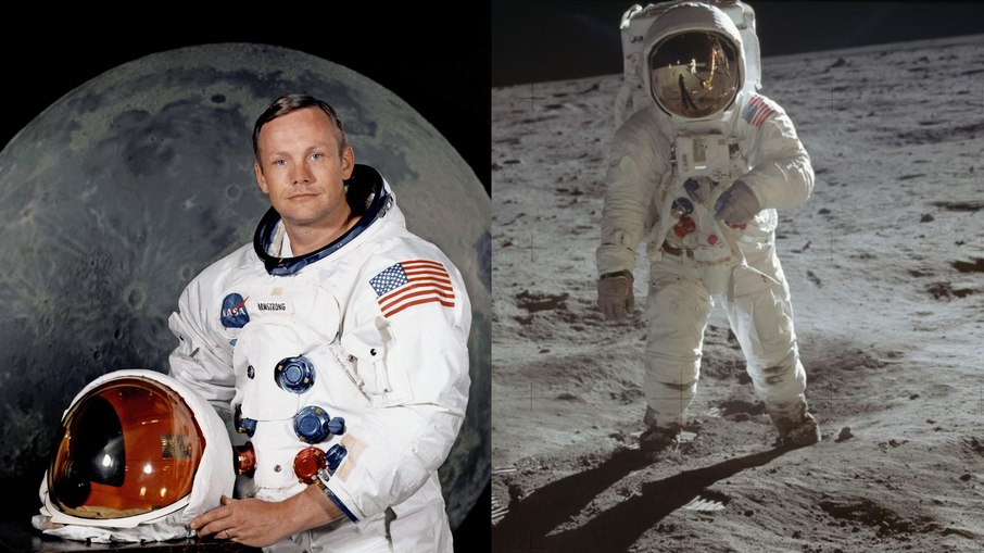 Neil Armstrong, comandante da Apollo 11, em retrato oficial da NASA e durante a histórica caminhada que marcou a primeira vez que um ser humano pisou na Lua, em julho de 1969