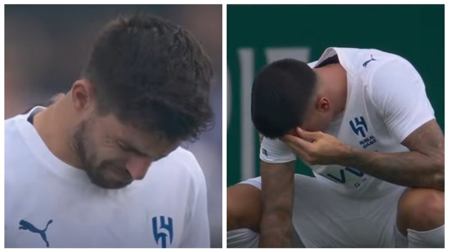 Rúben Neves e João Cancelo, do Al-Hilal, choram após homenagem a Diogo Jota antes do jogo