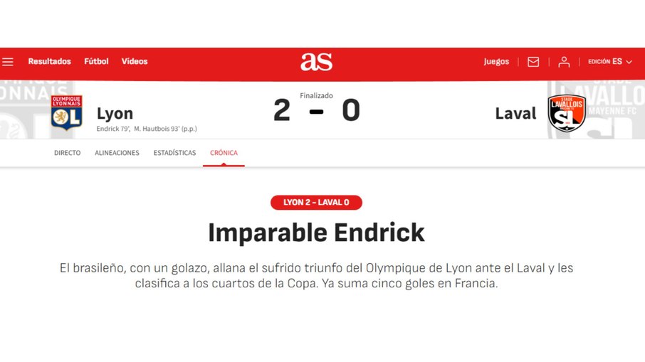 Endrick decide pelo Lyon e vira destaque de jornais estrangeiros (AS) Endrick decide pelo Lyon e vira destaque de jornais estrangeiros (AS)