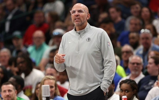 O técnico do Dallas Mavericks, Jason Kidd, em um jogo da NBA em Dallas no dia 11 de abril de 2025 O técnico do Dallas Mavericks, Jason Kidd, em um jogo da NBA em Dallas no dia 11 de abril de 2025