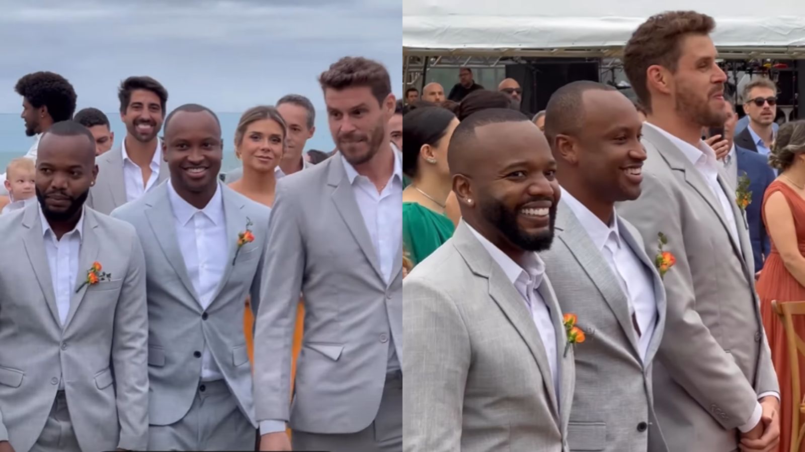 Abayomi, Thiaguinho e Bruninho foram padrinhos no casamento de Rafael Zulu e Aline Becker