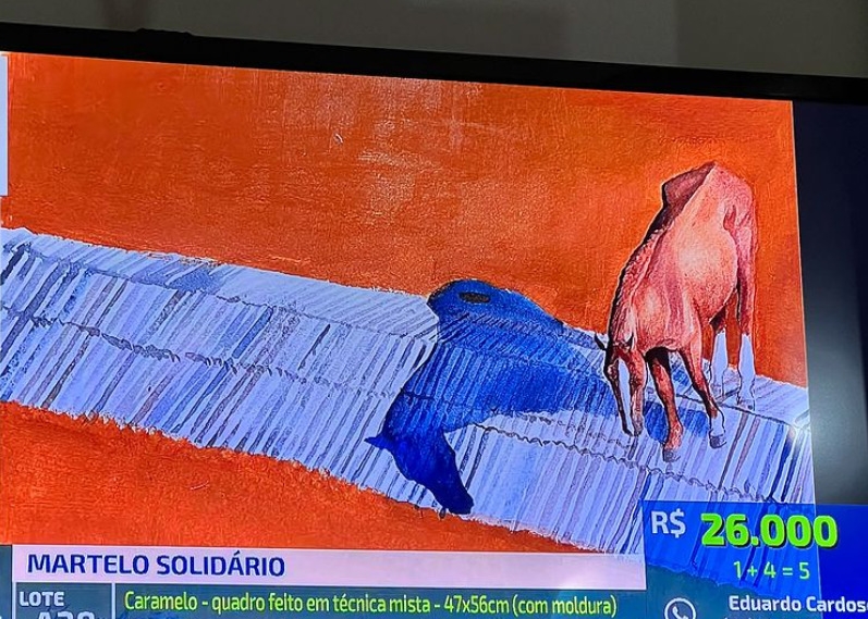 Com 56 centímetros de largura e 47 centímetros de altura, a pintura foi feita com tinta acrílica e aquarela pelo artista argentino José Acuña e foi leiloada junto de uma poesia do compositor e pecuarista Gujo Teixeira.  Reprodução: Flipar