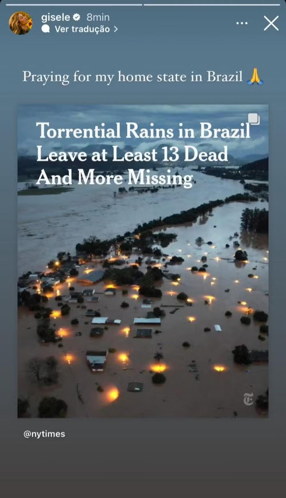 Gisele Bündchen lamenta chuvas no Rio Grande do Sul Reprodução/Instagram