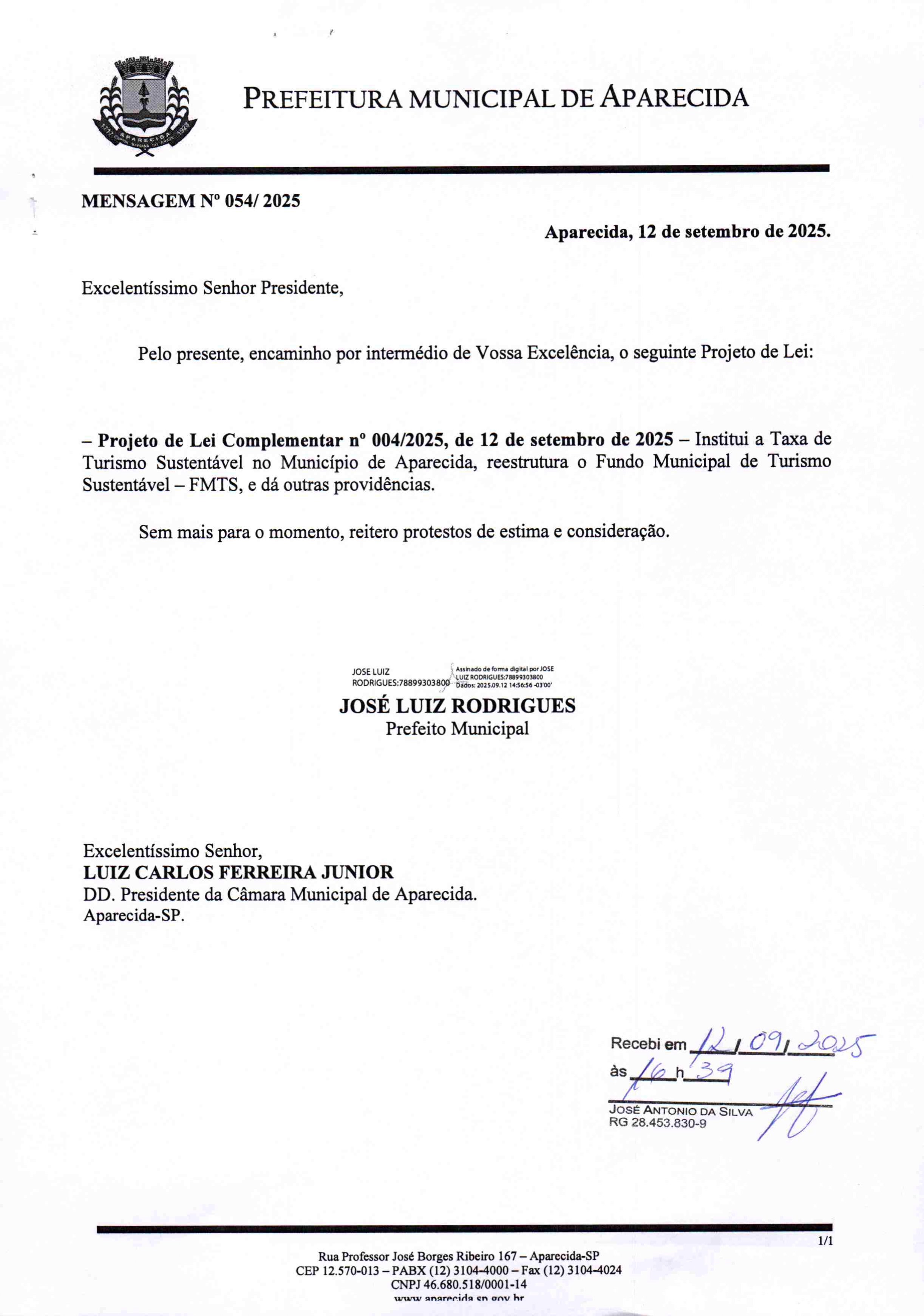 1- Projeto de Lei Complementar nº 004/2025 que cria a Taxa de Turismo Sustentável em Aparecida (SP). Foto: Prefeitura de Aparecida