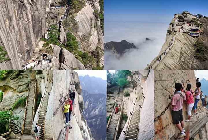 Mount Huashan Trail, China: Escadarias escavadas na montanha Huashan têm centenas de degraus, acessíveis por trilhas e plataformas de madeira. A data exata de sua construção é desconhecida, mas foi usada por monges como rota religiosa. Reprodução: Flipar