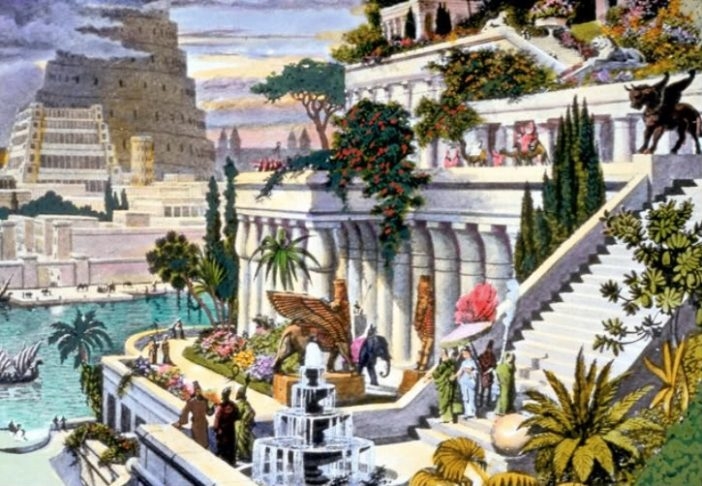 Jardins Suspensos da Babilônia (atual Iraque) – Supostamente construídos pelo rei Nabucodonosor II, no século 6 a.C., para sua esposa, que sentia saudades das montanhas verdejantes de sua terra natal. Reprodução: Flipar