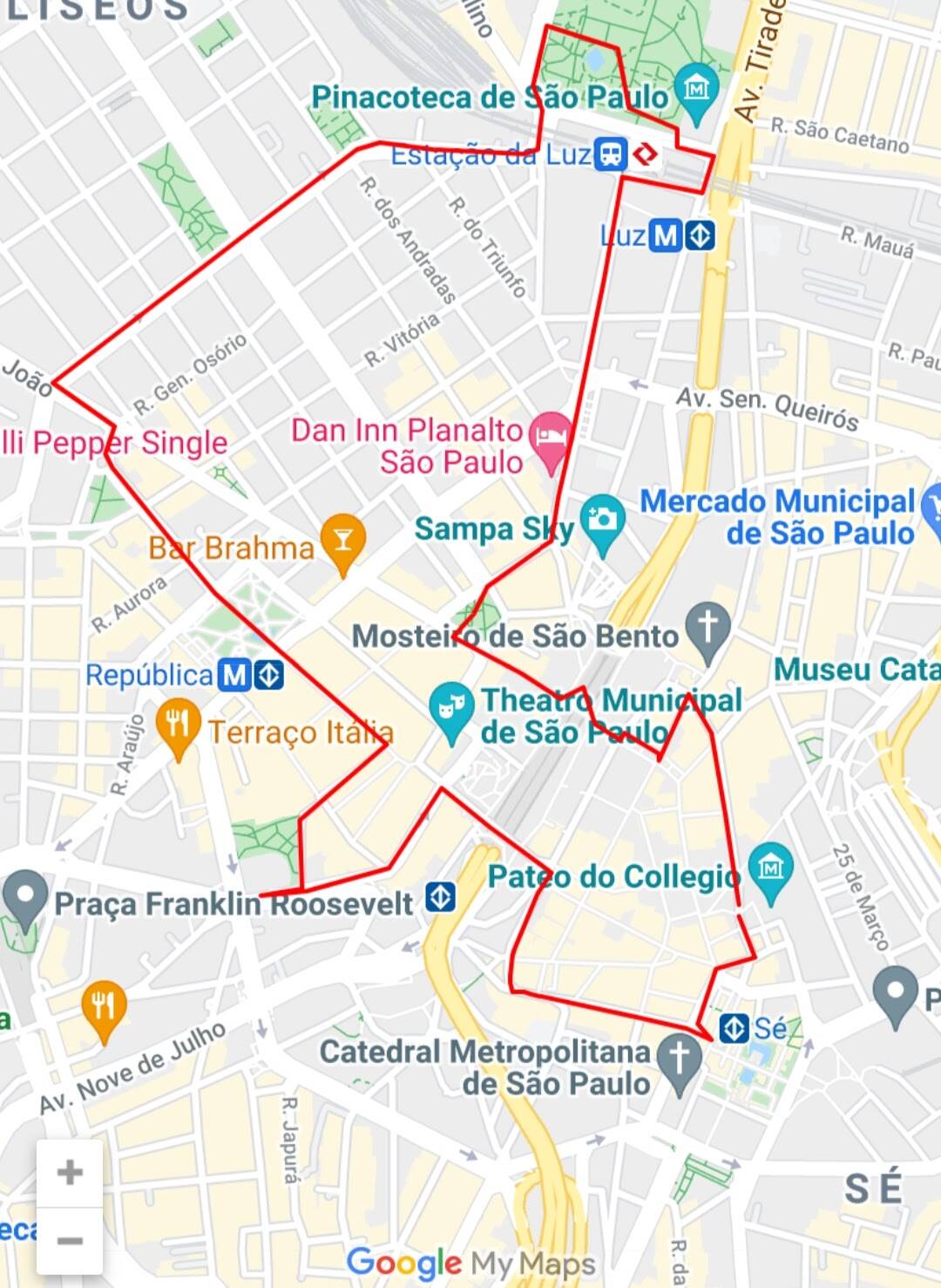 Roteiro de bike no centro histórico de São Paulo. Foto: Reprodução/Google