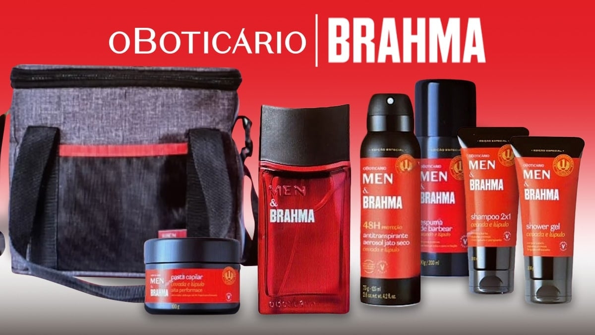 O Boticário e Brahma - O grupo de cosméticos também fez collab com a cervejaria Ambev, mas com foco exclusivo na estética da marca de bebidas, trazendo embalagens em tons de vermelho para a linha Men - xampus e cremes de barbear.  Reprodução: Flipar