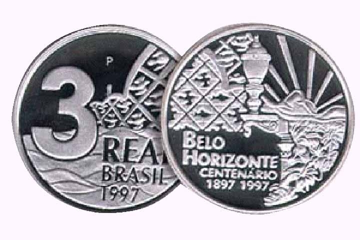 1997: Moeda comemorativa dos 100 Anos de Belo Horizonte. Foram fabricadas 20 mil unidades de R$ 3. Reprodução: Flipar