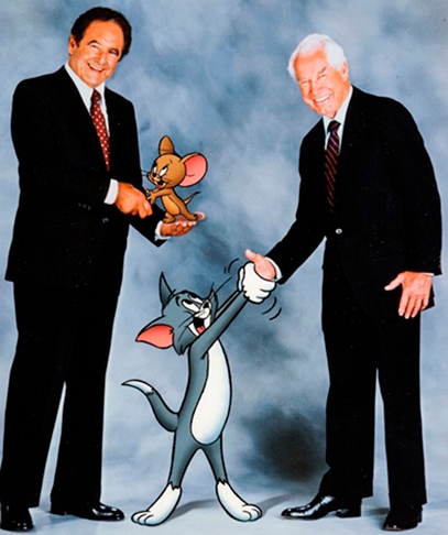  Joseph Barbera e Willian Hanna se conheceram quando trabalhavam na MGM. Eles criaram Tom e Jerry em 1940.  Enorme sucesso. Fizeram 114 curtas para cinema, 13 deles indicados ao Oscar e 7 ganhando o prêmio. Reprodução: Flipar