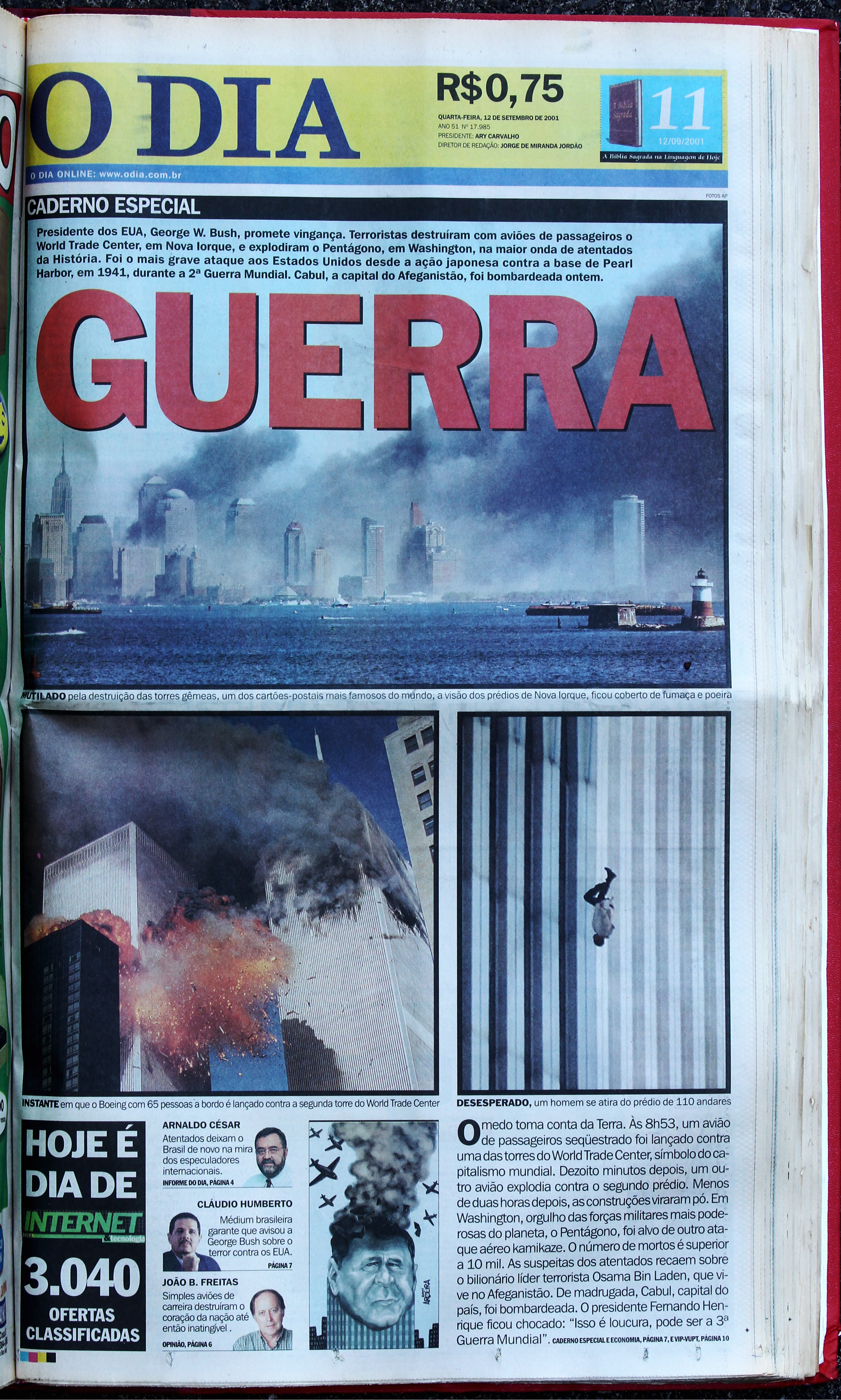 Capa do Caderno Especial dos atentados de 11 de setembro. Foto: Reprodução