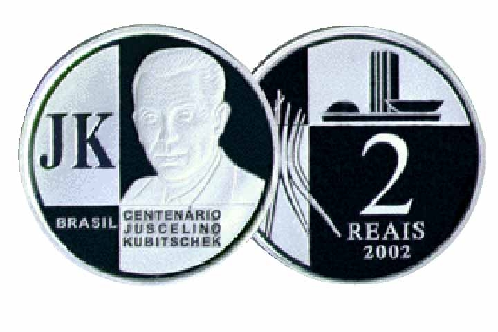 2002: 20 mil unidades de moedas de R$ 2 foram fabricadas em homenagem ao centenário de Juscelino Kubitschek. Reprodução: Flipar