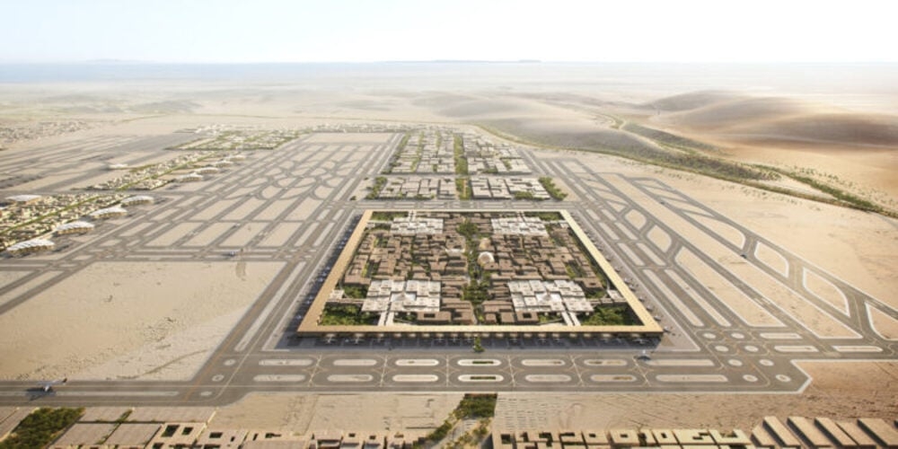 O Aeroporto Internacional de Riad, na Arábia Saudita, deve ser inaugurado em 2030, sendo um dos maiores do mundo. O aeroporto, numa área de 57 km²,  terá seis pistas de pouso paralelas. O local ainda terá 12 km² de áreas residenciais e  recreativas. Reprodução: Flipar