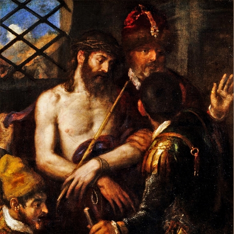 “Ecce Homo”, de Ticiano: Pesquisadores do Instituto Cyprus, em Chipre, utilizaram scanners avançados e técnicas de imagem para identificar um retrato oculto de um homem de bigode, de cabeça para baixo, segurando uma pena. Reprodução: Flipar