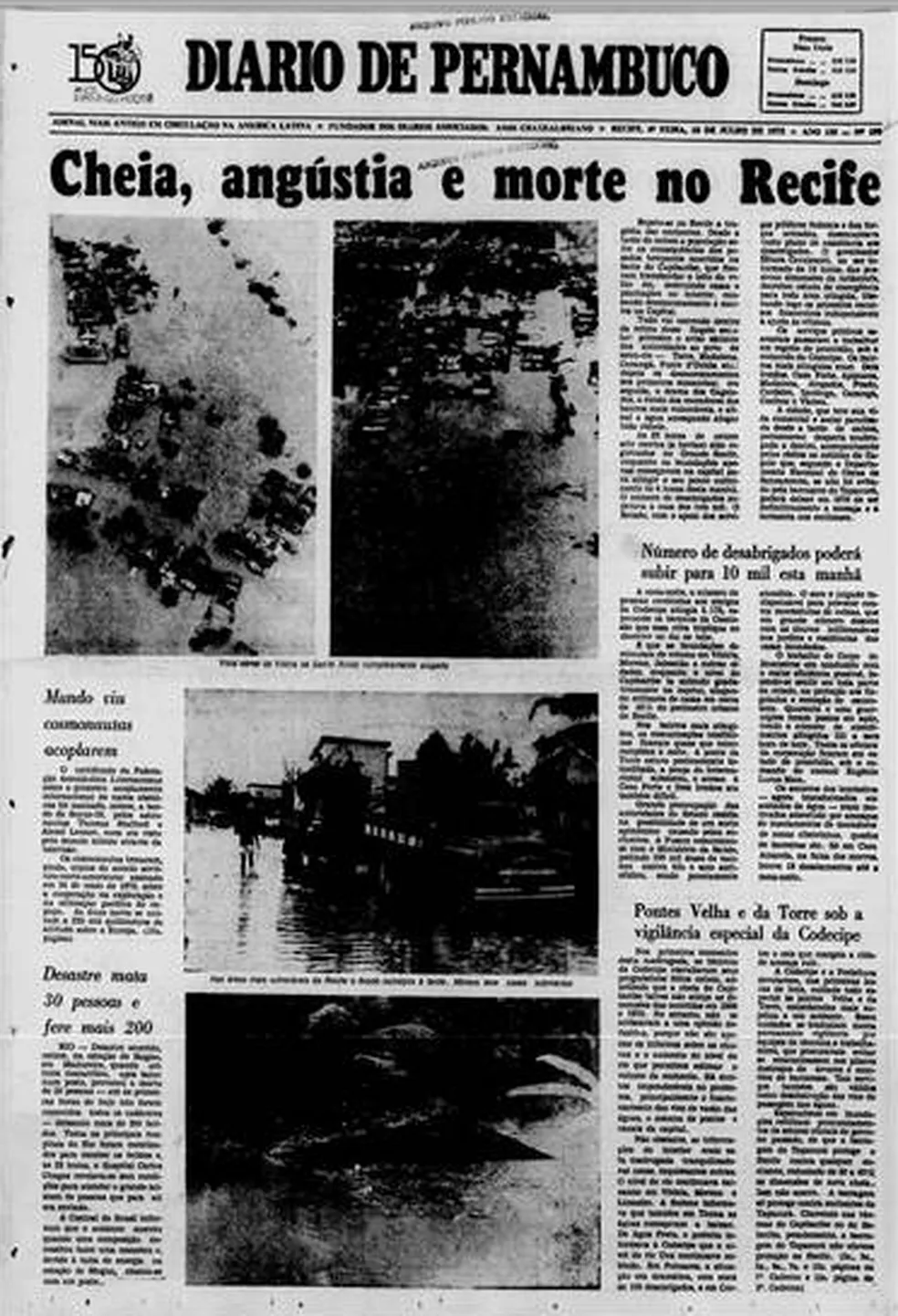 A manchete "Cheia, angústia e morte no Recife" relata a enchente de 1975 na capital pernambucana. Foto: Reprodução/Diário de Pernambuco