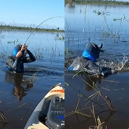 Em determinado momento do vídeo, o pescador desce do barco e entra na água para tentar controlar melhor o enorme peixe.  Mais à frente, Baca comenta que o peixe quebrou sua vara e passou se debatendo pela sua perna.  Reprodução: Flipar