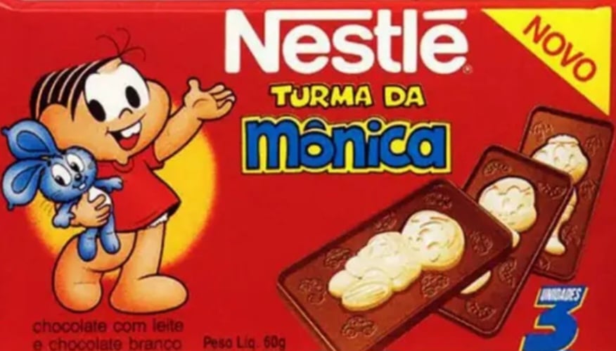 Turma da Mônica, da Nestlé: Esse chocolate fez parte da infância de muita criança nos anos 1990, mas depois de um imbróglio envolvendo a licença dos personagens, o doce com os personagens acabou saindo de linha. Reprodução: Flipar