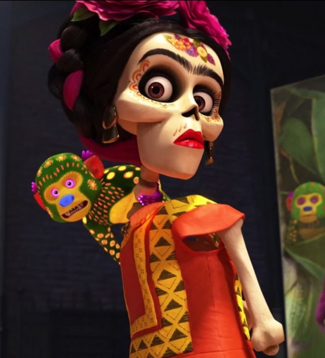 No filme de animação “Viva - A Vida É uma Festa”, da Pixar, Frida Kahlo aparece como uma das personalidades homenageadas, até mesmo como uma caveira. O longa tem como pano de fundo a festa do Dia dos Mortos, comemoração mais popular do México. 
 Reprodução: Flipar