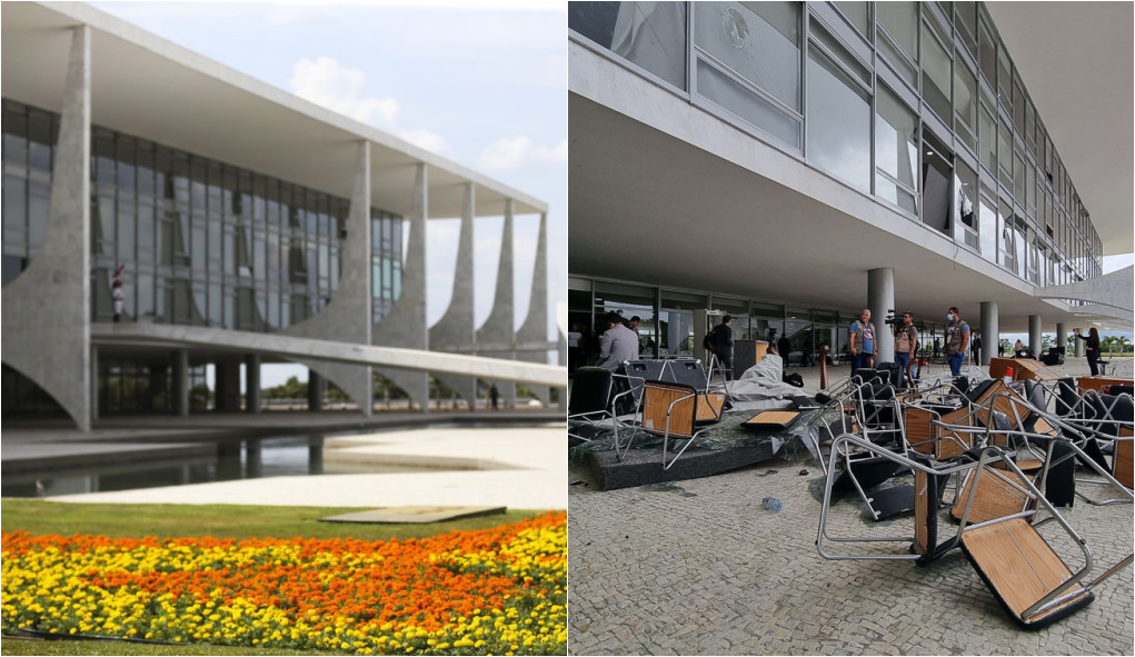Antes e depois dos ataques no Palácio do Planalto. Foto: Montagem iG / Imagens: José Cruz/Agência Brasil e Marcelo Camargo/Agência Brasil