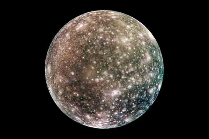 Calisto  orbita o planeta Júpiter e foi descoberta por Galileu em 1610. É a terceira maior lua do Sistema Solar . Reprodução: Flipar