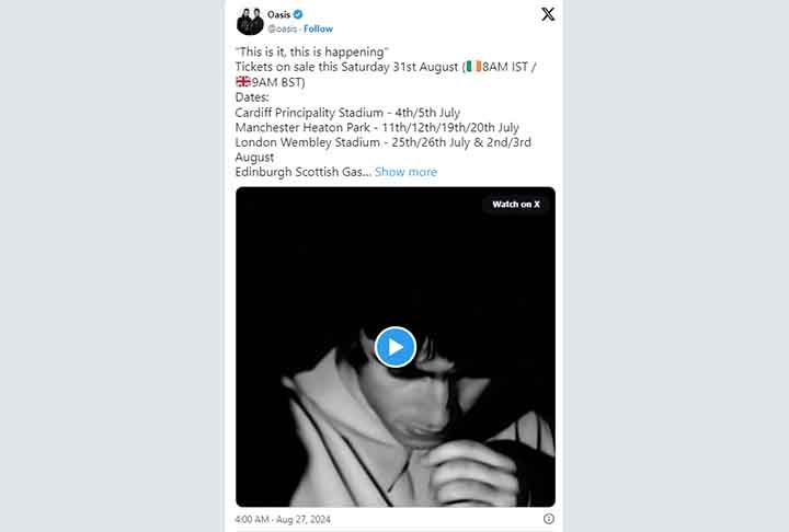 O anúncio oficial do retorno de uma das bandas de maior impacto nos anos 90 foi feito pelo Oasis na madrugada de 27 de agosto de 2024. 
 Reprodução: Flipar