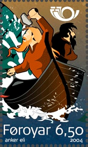 A mitologia nórdica também é retratada em selos. Neste, das Ilhas Faroé, produzido em 2004, é lembrada a lenda de uma viagem de pesca feita por Thor com o gigante Hymir, em que o herói tenta capturar a Serpente do Mundo.  