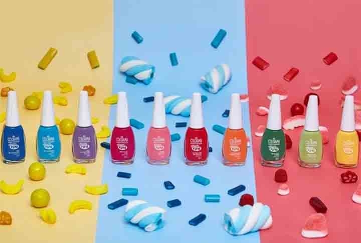 Fini e Colorama - A união resultou em uma linha de esmaltes em dez cores com aroma das balas gelatinosas. 
 Reprodução: Flipar