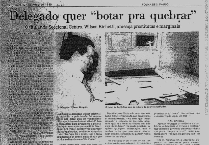 Página da Folha de S. Paulo de 27 de maio de 1980 falando sobre o delegado José Wilson Richetti. Foto: Reprodução/Twitter 24.02.2023