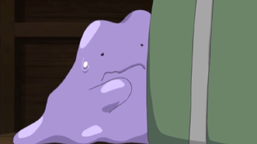 Personagem: Ditto, anime: Pokémon - Ele é um Pokémon muito medroso e na dele, porém se analisarmos bem veremos que ele é um ser único no anime, já que ele pode reproduzir qualquer outro Pokémon, incluindo suas habilidades e força.  Reprodução: Flipar