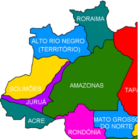  O estado do Rio Negro abrangeria 3 municípios: Barcelos, Santa Isabel e São Gabriel da Cachoeira. Solimões ficaria na fronteira com Peru e Colômbia, com 13 cidades Reprodução: Flipar