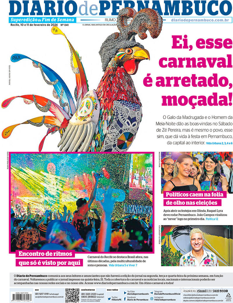 Capa de 2024 destaca uma das figuras mais emblemáticas do carnaval pernambucano: o Galo da Madrugada. Foto: Reprodução/Diário de Pernambuco