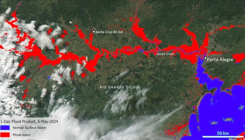 Uma outra imagem mostra áreas em azul, com o nível natural dos rios, e partes em vermelho, mostrando como ficou o curso da água depois das tempestades. Reprodução: Flipar