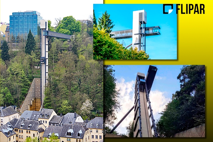 Elevador Panorâmico de Pfaffenthal: Essa estrutura conecta o bairro de Pfaffenthal, situado no vale do Alzette, com a cidade alta de Luxemburgo, proporcionando aos moradores e turistas uma maneira rápida e fácil de se deslocar entre essas duas áreas da cidade. Reprodução: Flipar