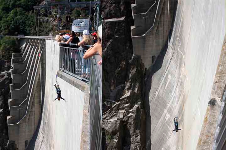 Barragem de Contra, Suíça: Conhecida também como barragem de Verzasca, ganhou notoriedade ao aparecer na abertura do filme Goldeneye, do agente secreto 007. Na cena, James Bond escapa saltando de 220 metros de altura, preso por um elástico, com a vista dos Alpes suíços. Reprodução: Flipar