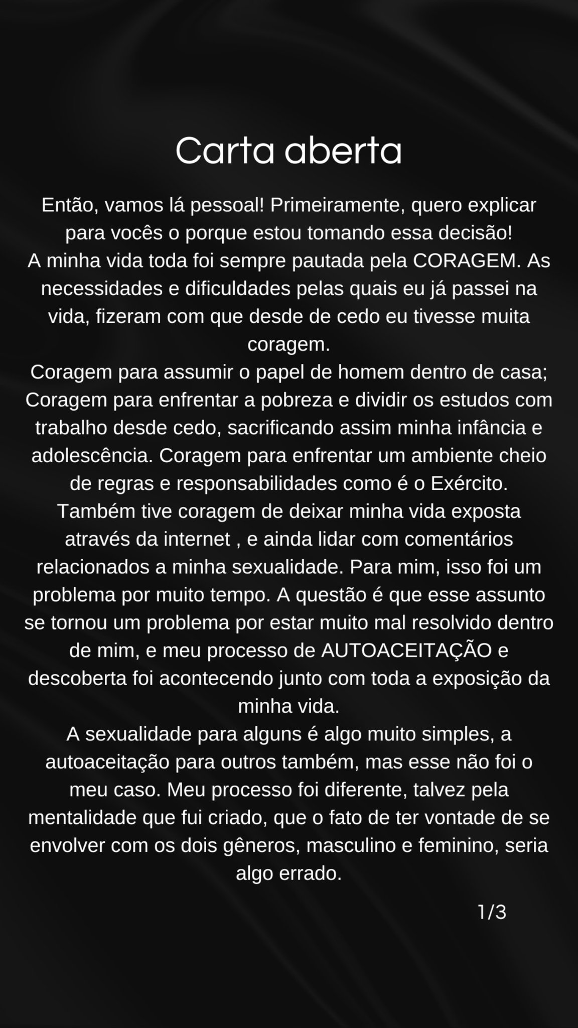 Carta aberta de Lucas Souza publicada nos Stories do Instagram Reprodução/Instagram