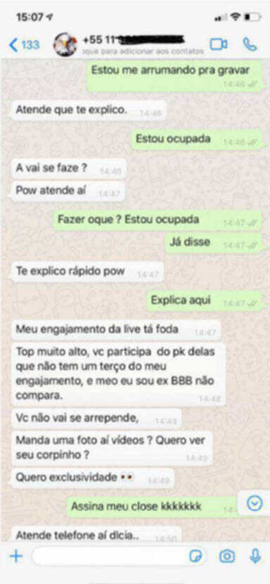 Modelo expõe conversa com Kleber Bambam. Foto: Divulgação