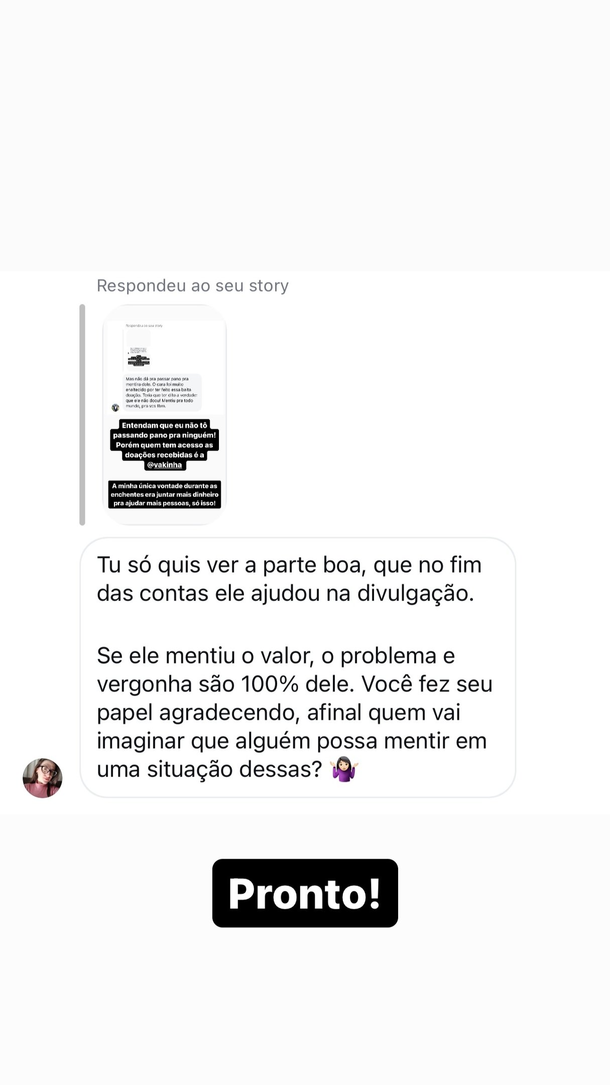 Badin mostra mensagens e explica polêmica com doações de crowdfunding para ajudar vítimas no RS Reprodução/Instagram