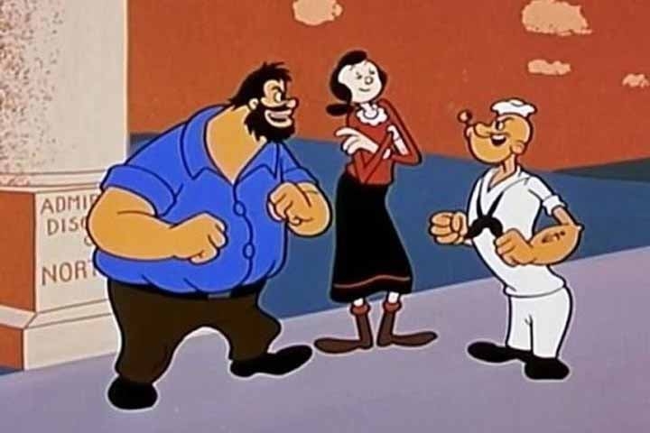 Popeye, que vive com um cachimbo na boca, namora Olívia Palito e, para proteger a amada das investidas do vilão Brutus, come espinafre. 

 Reprodução: Flipar