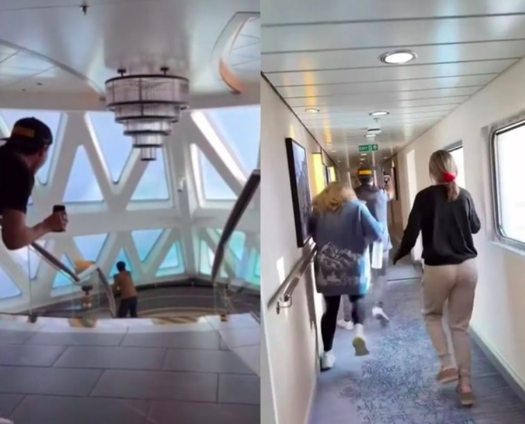 As imagens registradas mostram passageiros gritando enquanto o navio é balançado violentamente pelas enormes ondas, que podem ser vistas através das grandes janelas. Reprodução: Flipar