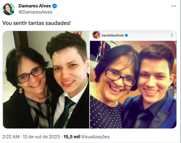 A senadora Damares Alves (Republicanos-DF) compartilhou fotos ao lado da influenciadora e disse: “vou sentir tantas saudades!”.