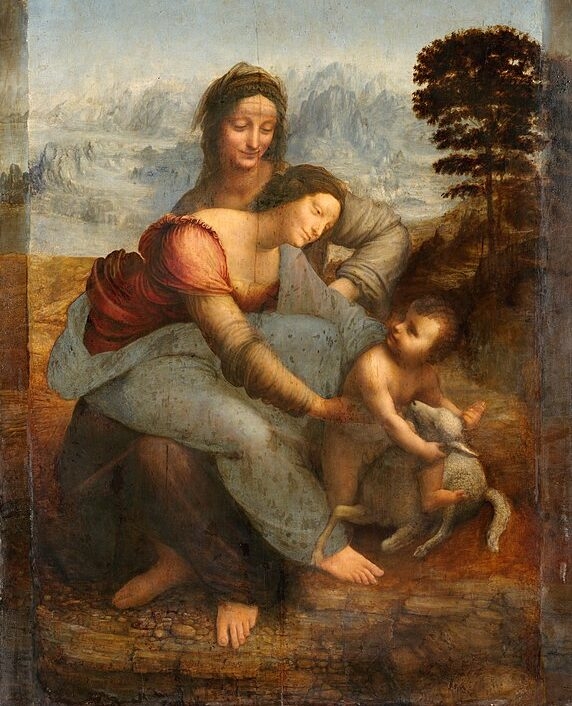 Outra pintura a óleo de Da Vinci, Madona e o Menino com Santa Ana, mostra Virgem Maria com o Menino Jesus e sua mãe, Santa Ana.  Reprodução: Flipar
