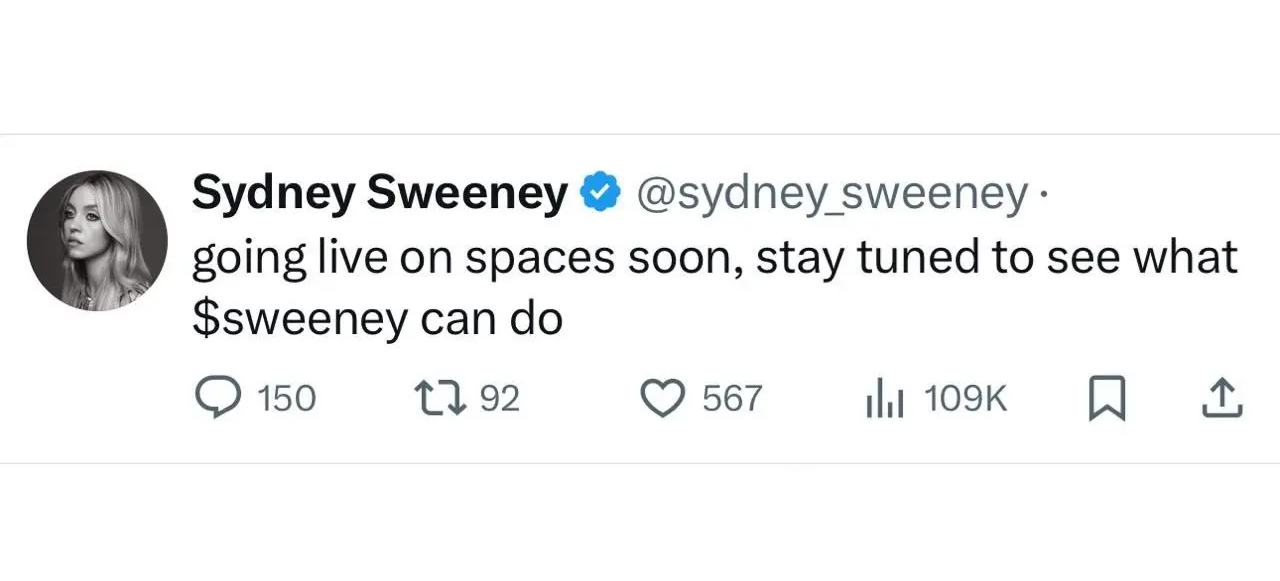 Publicação feita por hackers no Twitter de Sydney Sweeney em 2 de julho de 2024 Reprodução/X