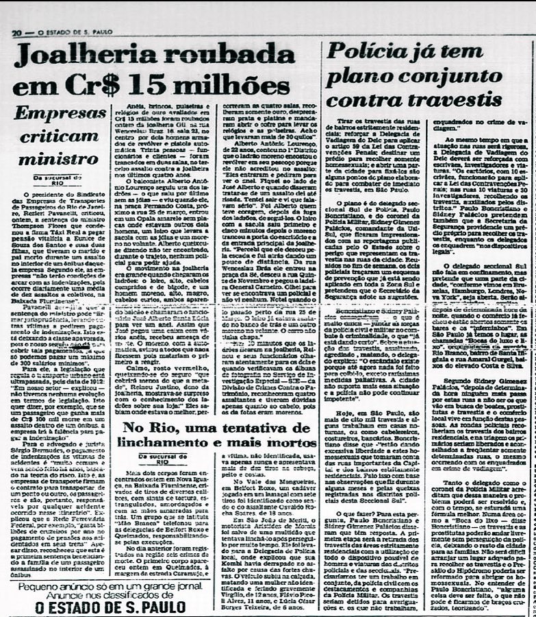Página Folha de S. Paulo dos anos 1980 sobre operações policiais contra travestis. Foto: Reprodução/Twitter 24.02.2023