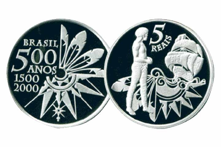 2000: O BC lança 15,3 mil unidades de moedas de R$ 5 em homenagem aos 500 anos do Descobrimento do Brasil. Reprodução: Flipar