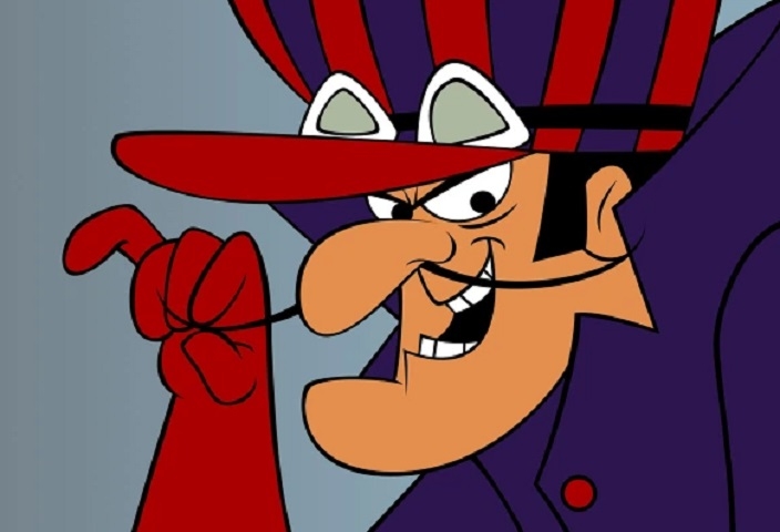Dick Vigarista - Desenho animado: Corrida Maluca e Peguem o Pombo - Com um sorriso diabólico e um bigode característico, Dick Vigarista usa sempre trapaças e artimanhas nos seus planos do mal.  Reprodução: Flipar