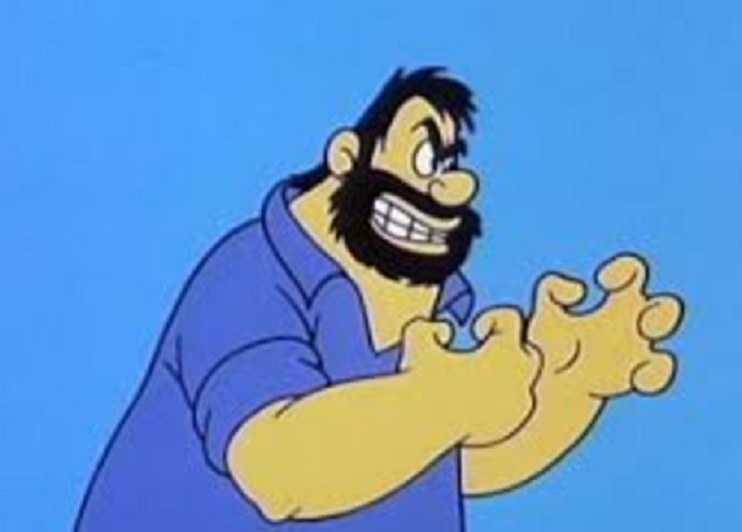 Brutus - Desenho animado: Popeye - É um marinheiro forte e truculento e rival de Popeye, já que os dois tentam conquistar o amor de Olívia Palito. Reprodução: Flipar